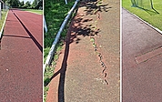 Die Tartanbahn des Sportplatzes Heederbrook weist viele Schäden auf. (Fotos: Marcel Holz, Stadt Barmstedt)