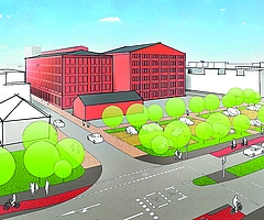 So wie auf dieser Darstellung könnte die Berliner Straße (vorn) mit grünem Band, freigestelltem Kranhaus und den großen Knechtschen Hallen dahinter aussehen. Doch auch ein Teil-Erhalt der Mantelhalle (hier nicht abgebildet) ist denkbar. (Quelle: Stadt Elmshorn)  