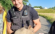 Ein Polizeibeamter zog sich Handschuhe über und brachte das Lämmchen in Sicherheit. (Foto: Polizeidirektion Bad Segeberg)