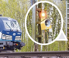 Sobald ein Zug fährt, heult und blinkt die Rottenwarnanlage auf. Bei den aktuellen Gleisbauarbeiten zwischen Elmshorn und Tornesch werden damit die Arbeiter gewarnt. (Fotos+Montage: Frank)