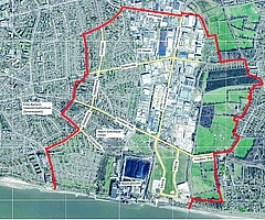 Der rot umrandete Bereich zeigt das Evakuierungsgebiet. (Quelle: Polizeidirektion Bad Segeberg)